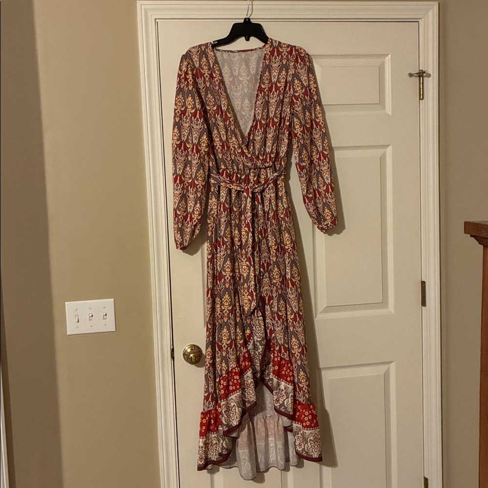 Trendy Boutique Red and Cream Long Sleeve Dress